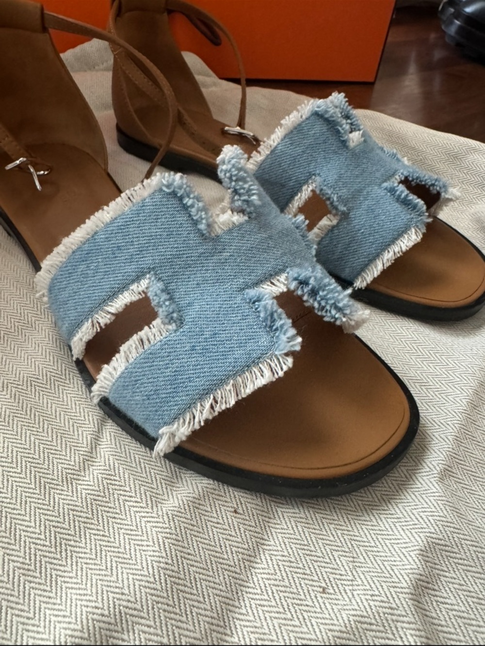 Hermes Light Blue Frayed Denim Slide Sandals